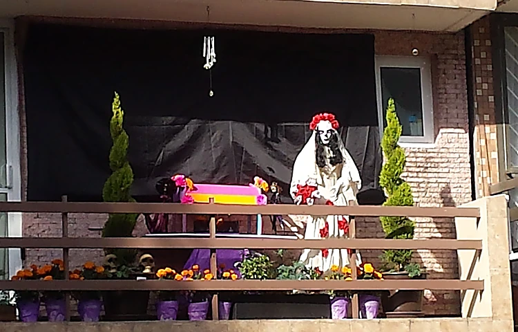 Balcón de la fachada decorado para Día de Muertos con una catrina vestida de blanco, flores de cempasúchil y macetas moradas